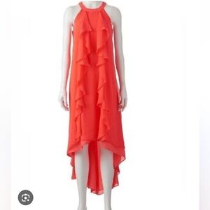 2/$30 Jennifer Lopez - Vibrant Coral Ruffle Maxi High Low Dress - Isla del Sol